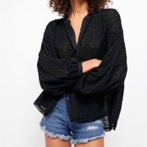 Free People Black Eyelet Button up Tunic Blouse sz M